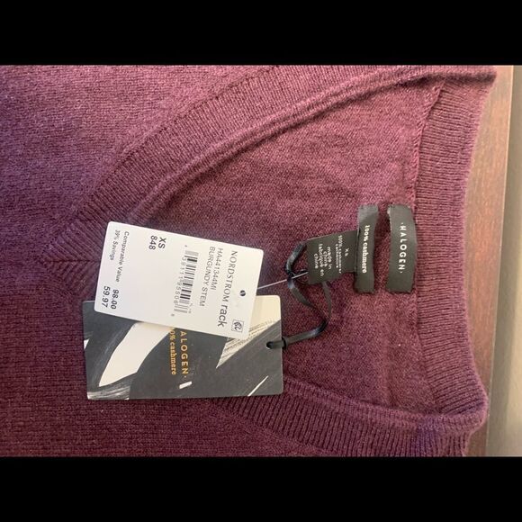 Halogen pure 100% cashmere V neck sweater size XS, burgundy NWT - Picture 8 of 13